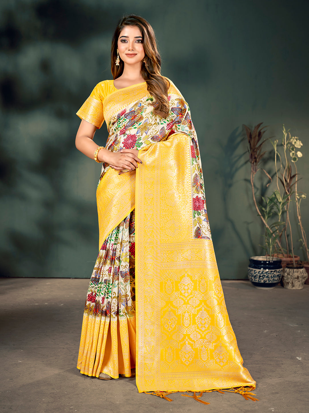 Off White & Yellow Lichi Banarasi Digital Printed Saree