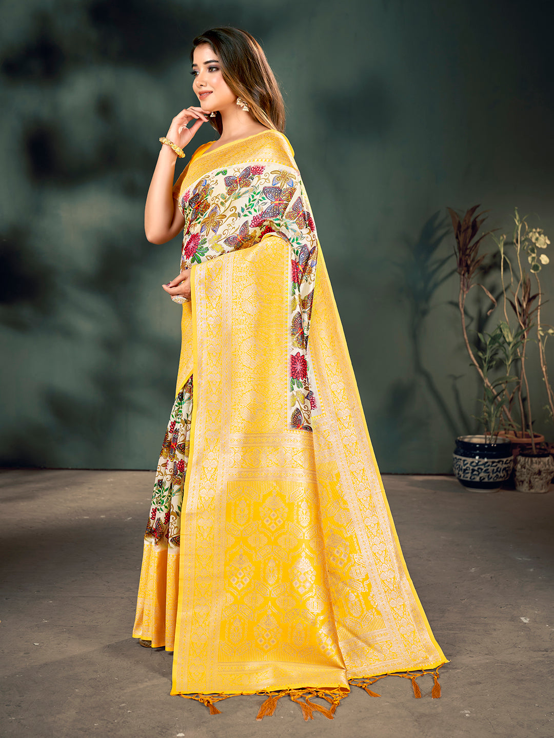 Off White & Yellow Lichi Banarasi Digital Printed Saree