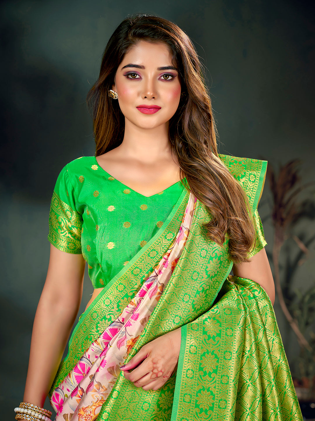 Light Cream & Green Lichi Banarasi Digital Printed Saree