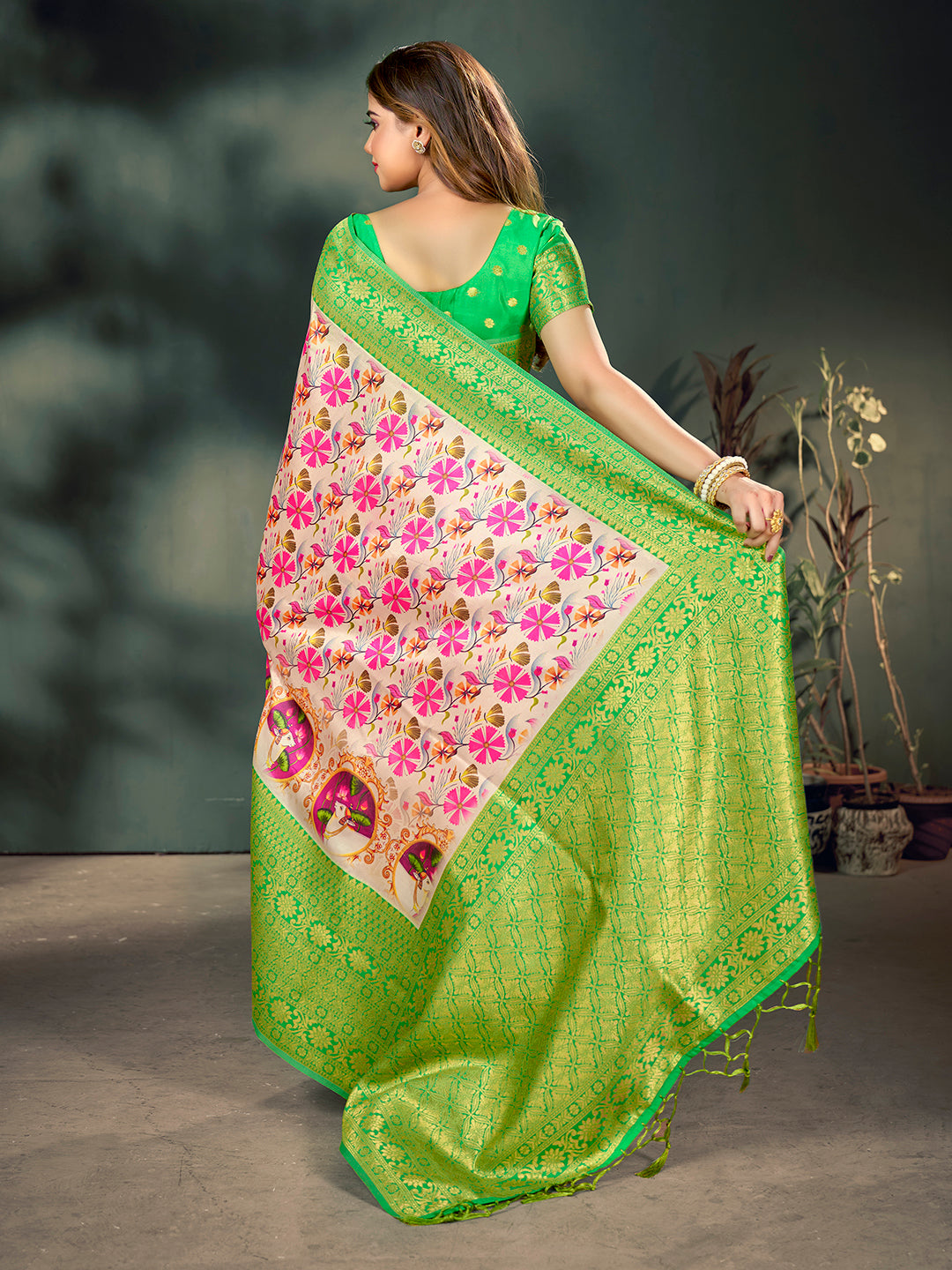 Light Cream & Green Lichi Banarasi Digital Printed Saree