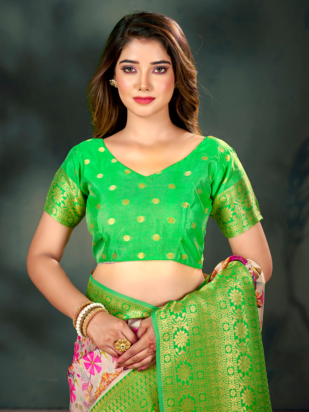 Light Cream & Green Lichi Banarasi Digital Printed Saree