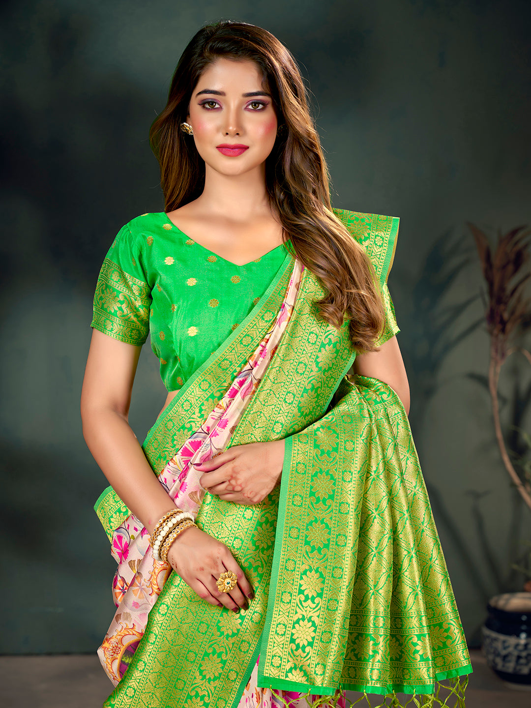 Light Cream & Green Lichi Banarasi Digital Printed Saree