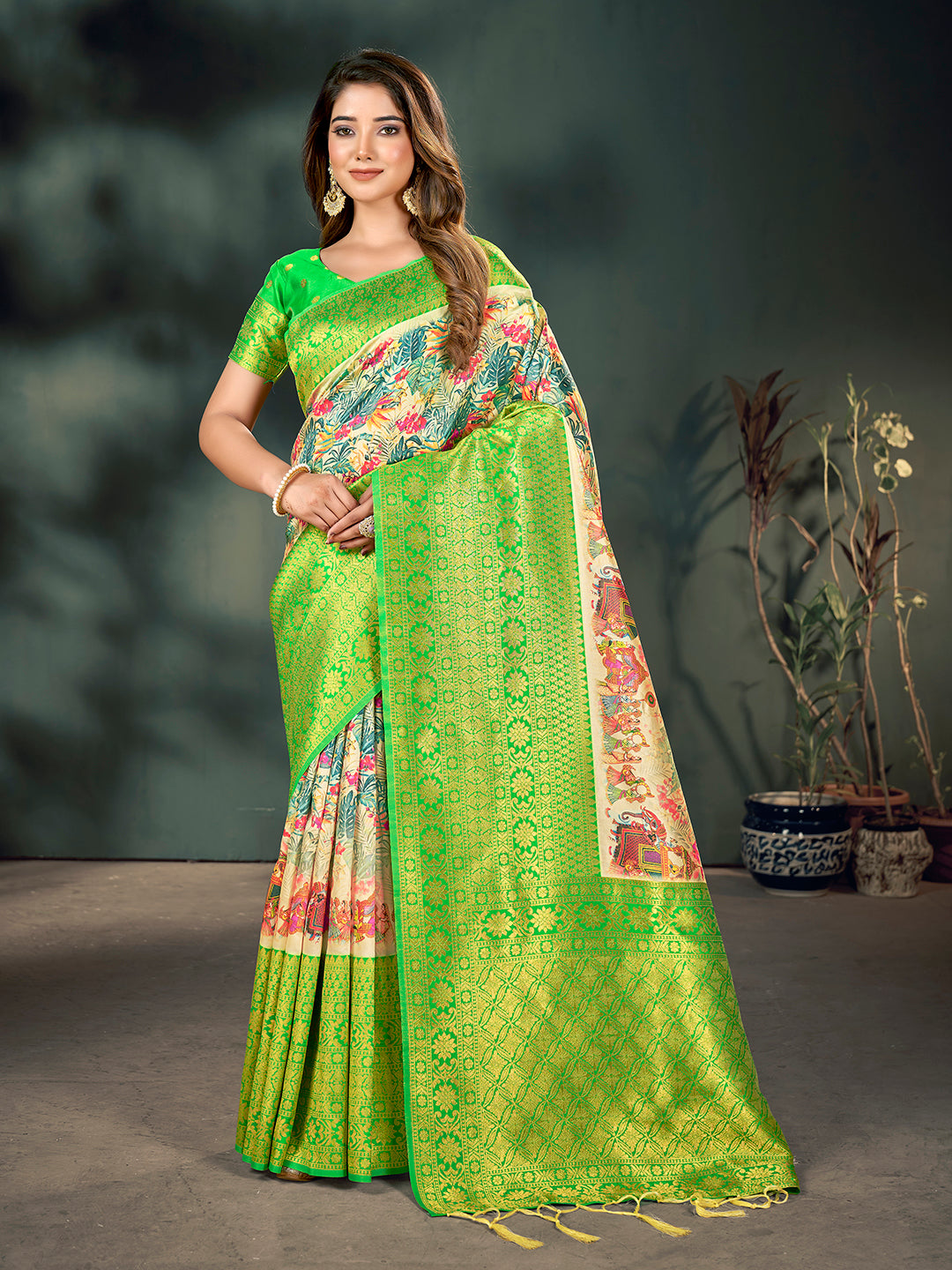 Beige & Green Lichi Banarasi Digital Printed Saree