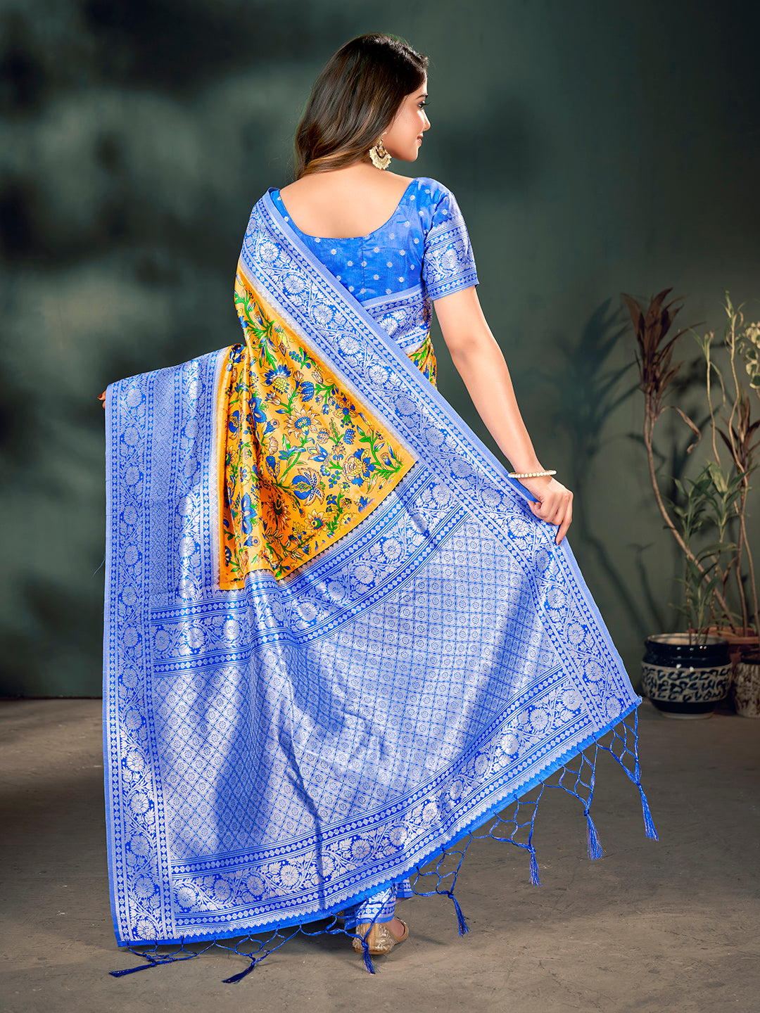 Mustard & Blue Lichi Banarasi Digital Printed Saree