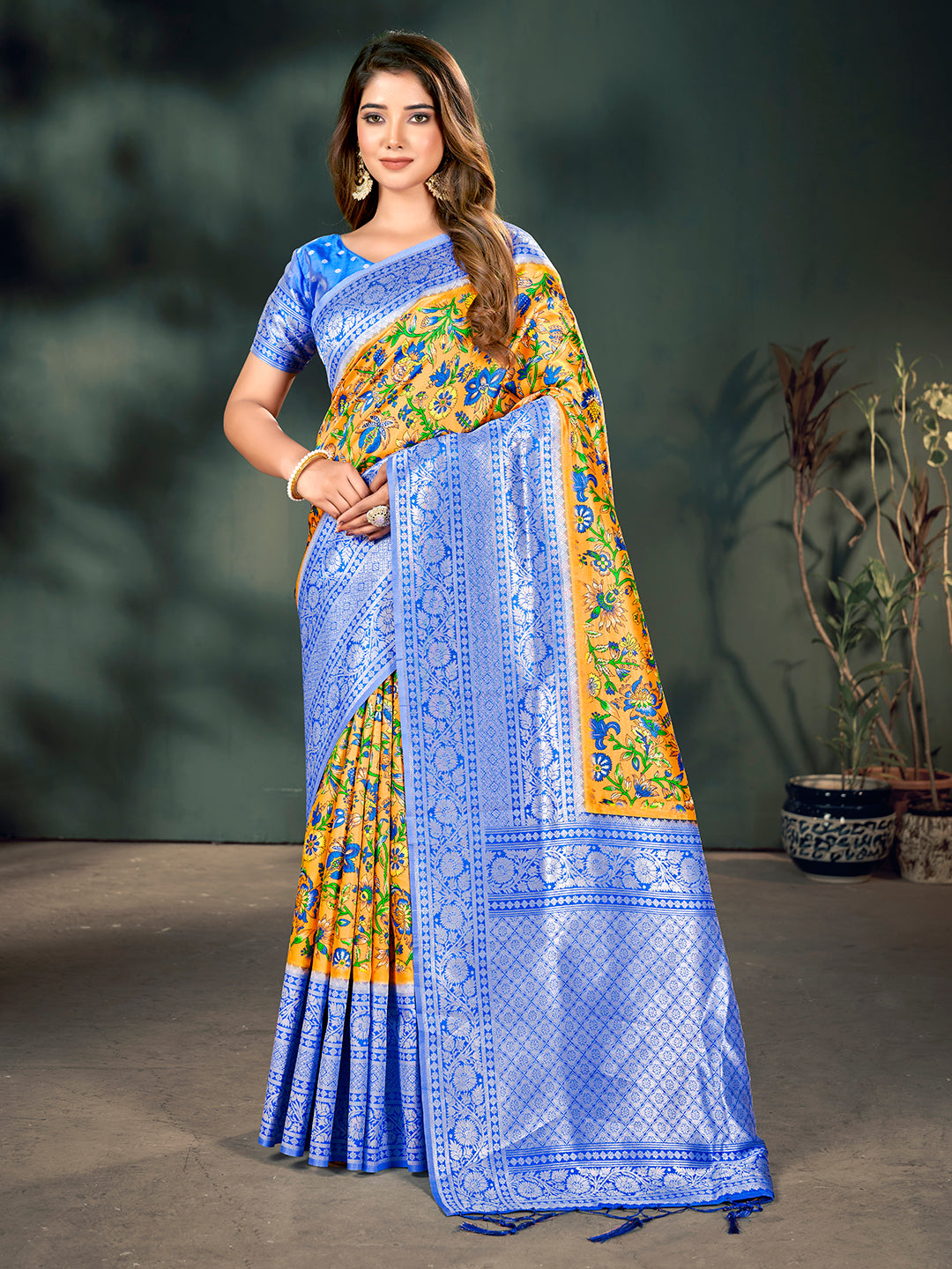 Mustard & Blue Lichi Banarasi Digital Printed Saree