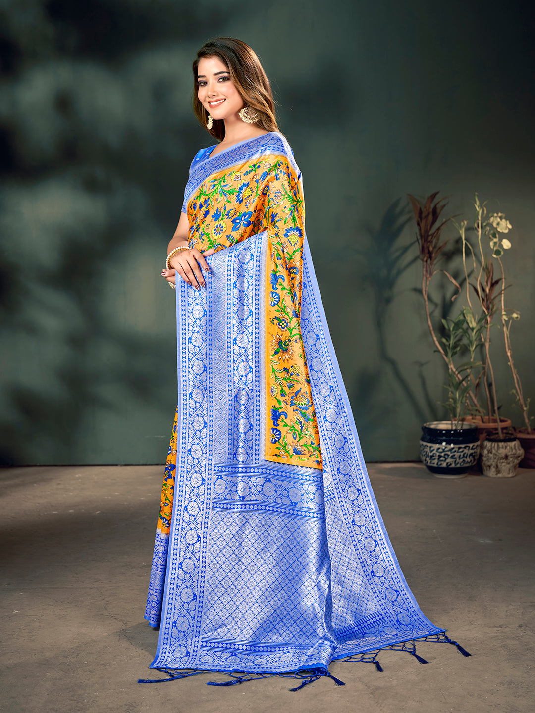 Mustard & Blue Lichi Banarasi Digital Printed Saree