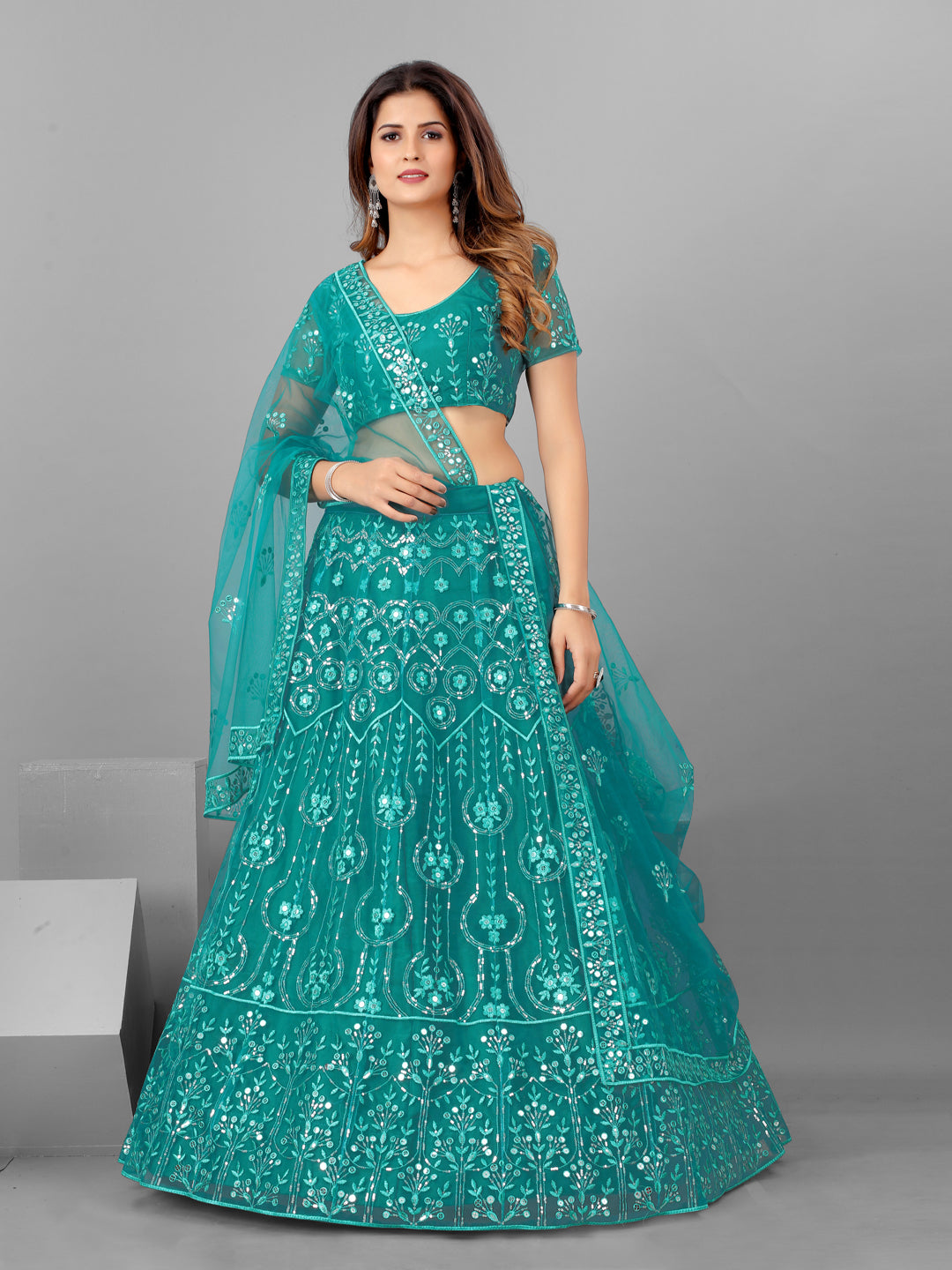 Higly Demanded Teal and Steel Color Sequins Wedding Wear Lehenga and Blouse With Dupatta