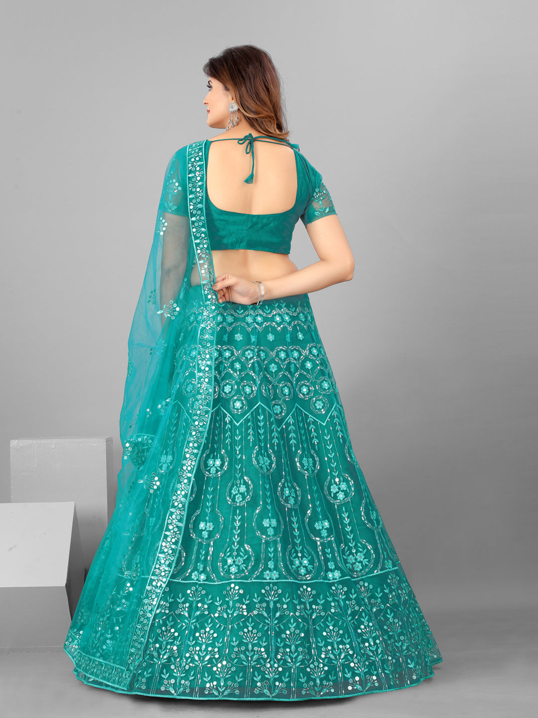 Higly Demanded Teal and Steel Color Sequins Wedding Wear Lehenga and Blouse With Dupatta