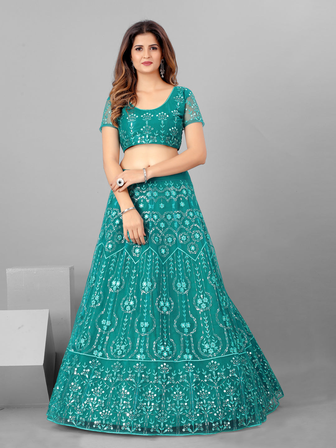 Higly Demanded Teal and Steel Color Sequins Wedding Wear Lehenga and Blouse With Dupatta