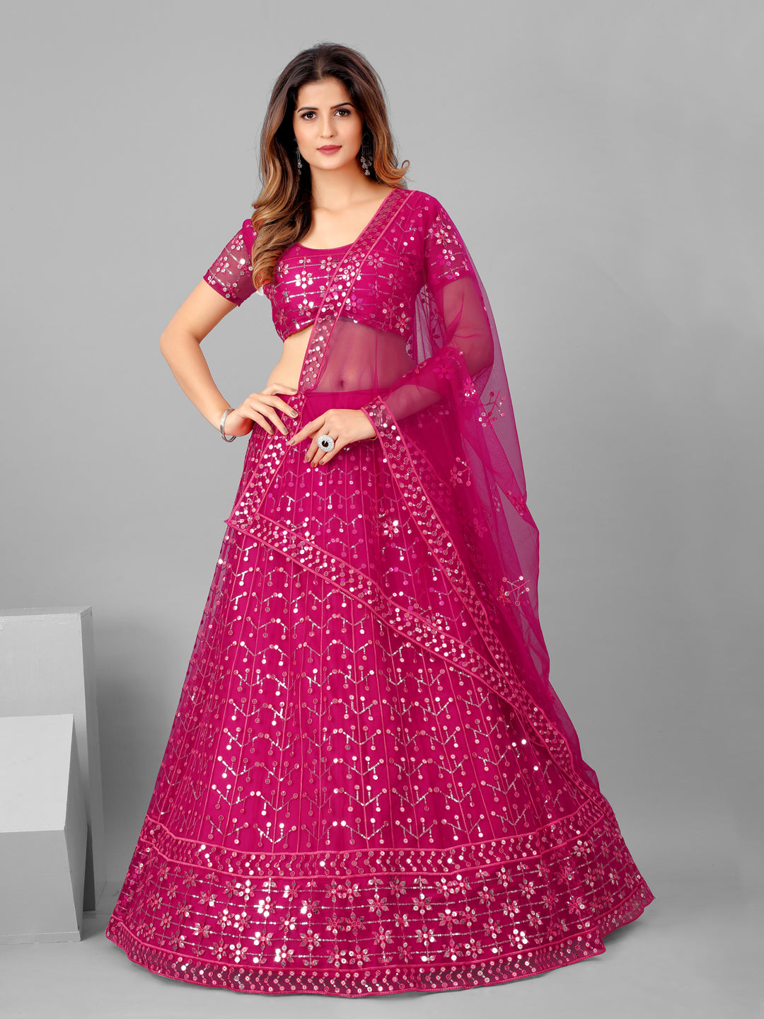 Indian Pink and Steel Sequins Wedding Wear Lehenga and Blouse With Dupatta