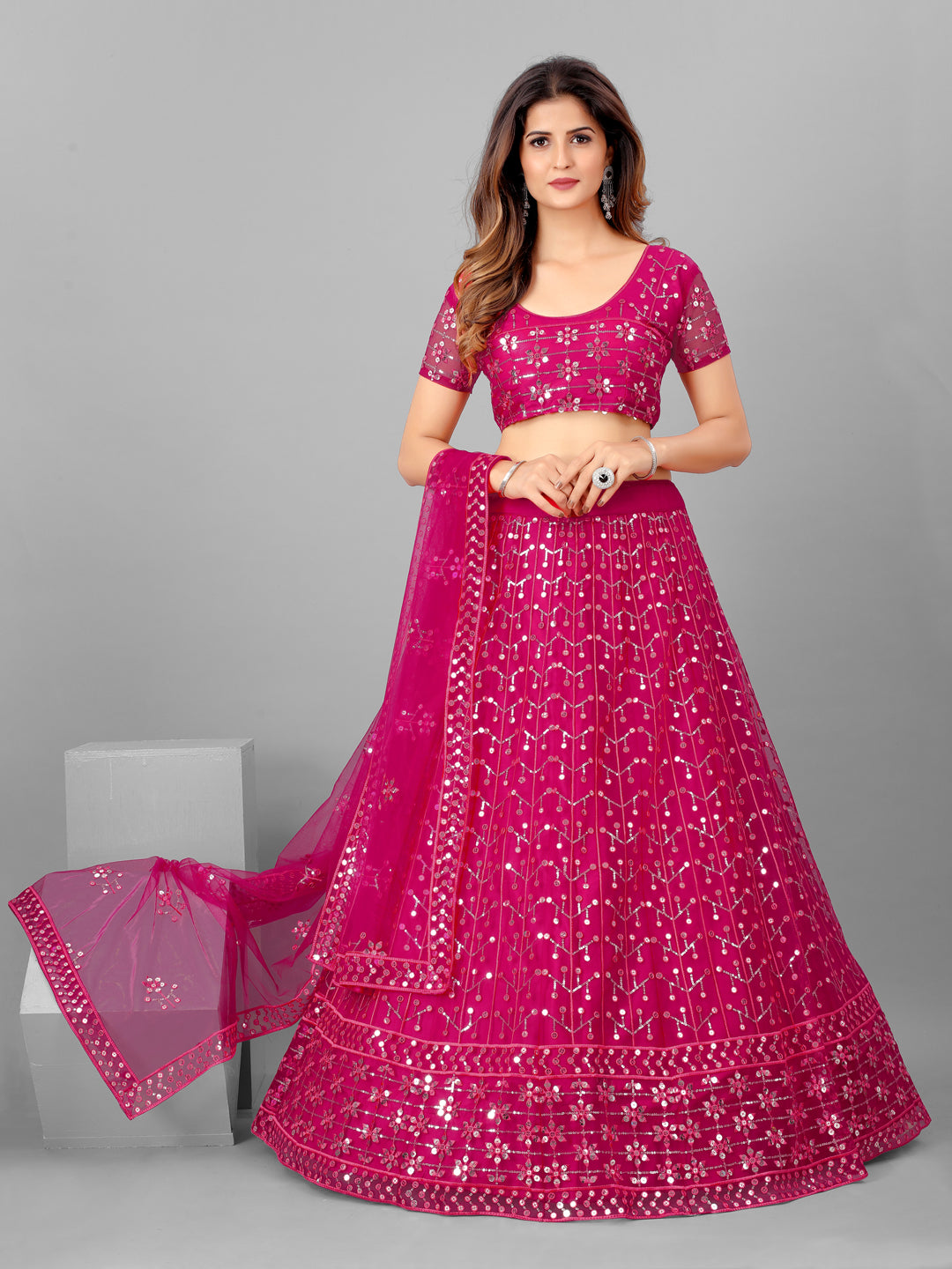 Indian Pink and Steel Sequins Wedding Wear Lehenga and Blouse With Dupatta