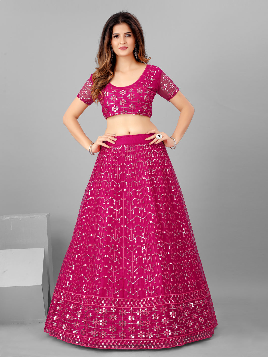 Indian Pink and Steel Sequins Wedding Wear Lehenga and Blouse With Dupatta