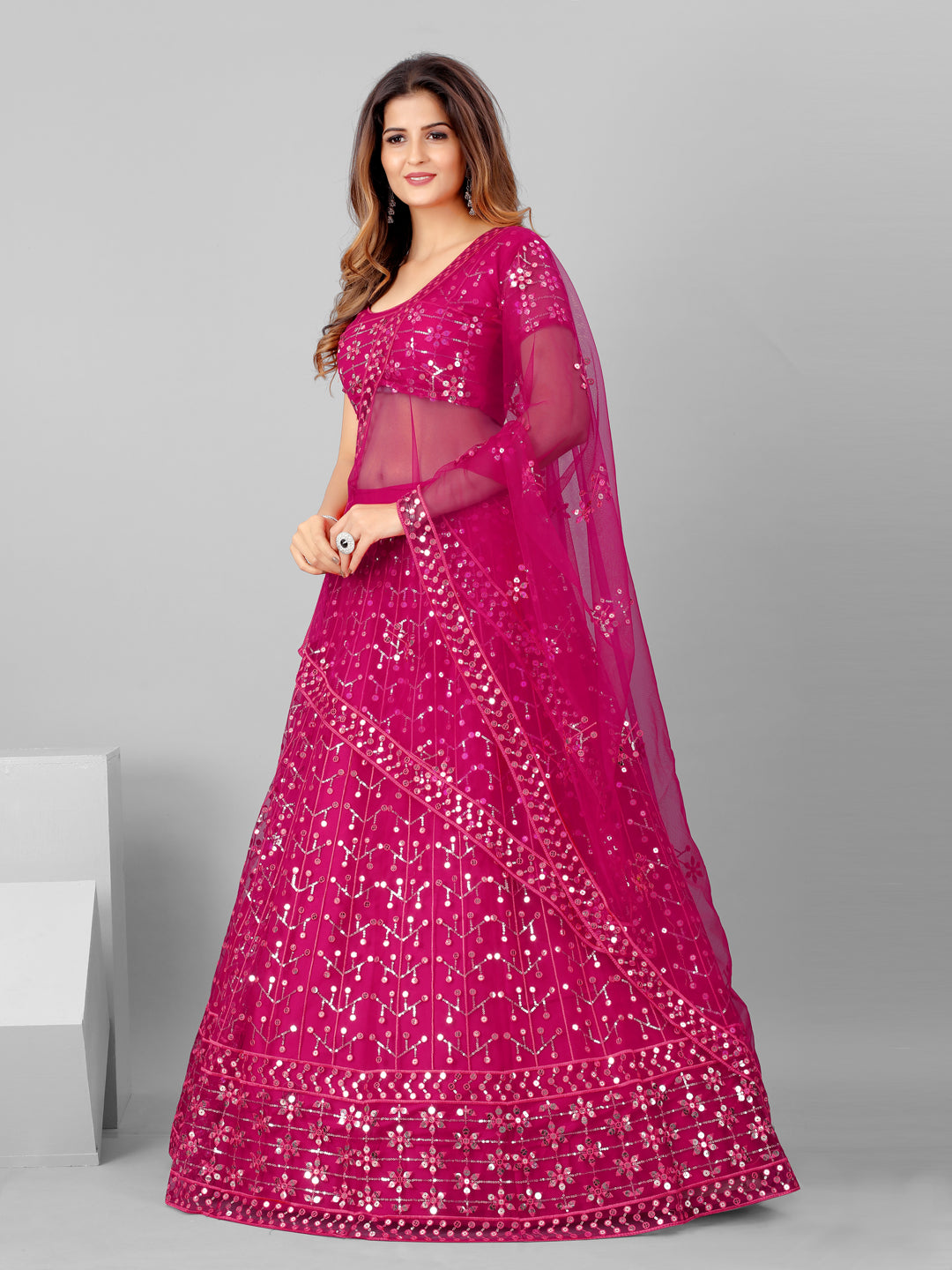 Indian Pink and Steel Sequins Wedding Wear Lehenga and Blouse With Dupatta