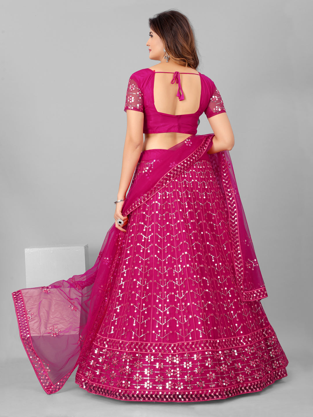 Indian Pink and Steel Sequins Wedding Wear Lehenga and Blouse With Dupatta