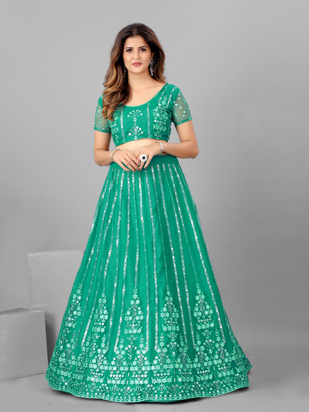 Sea Green and Steel Sequins Wedding Wear Lehenga and Blouse With Dupatta