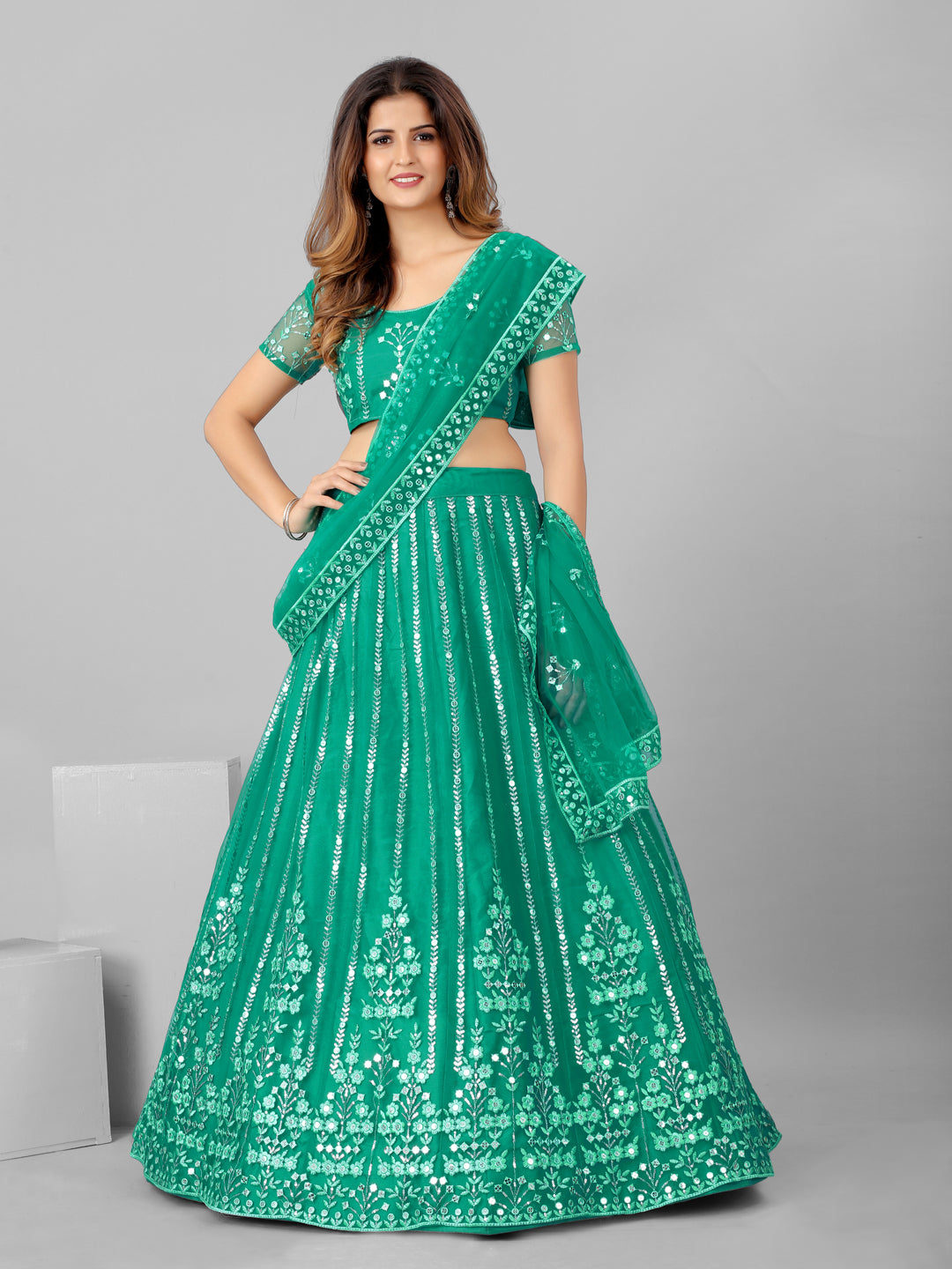 Sea Green and Steel Sequins Wedding Wear Lehenga and Blouse With Dupatta