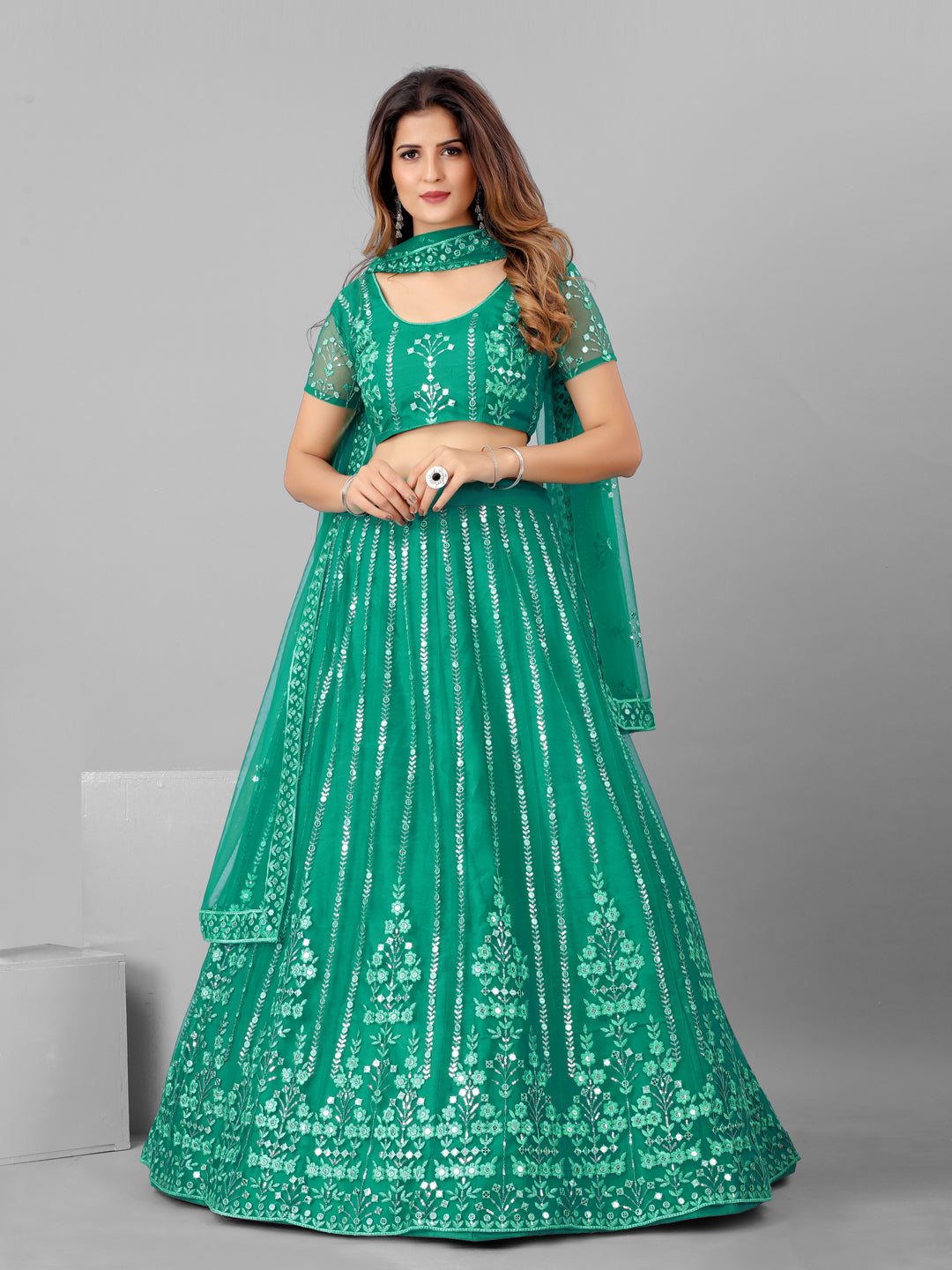 Sea Green and Steel Sequins Wedding Wear Lehenga and Blouse With Dupatta