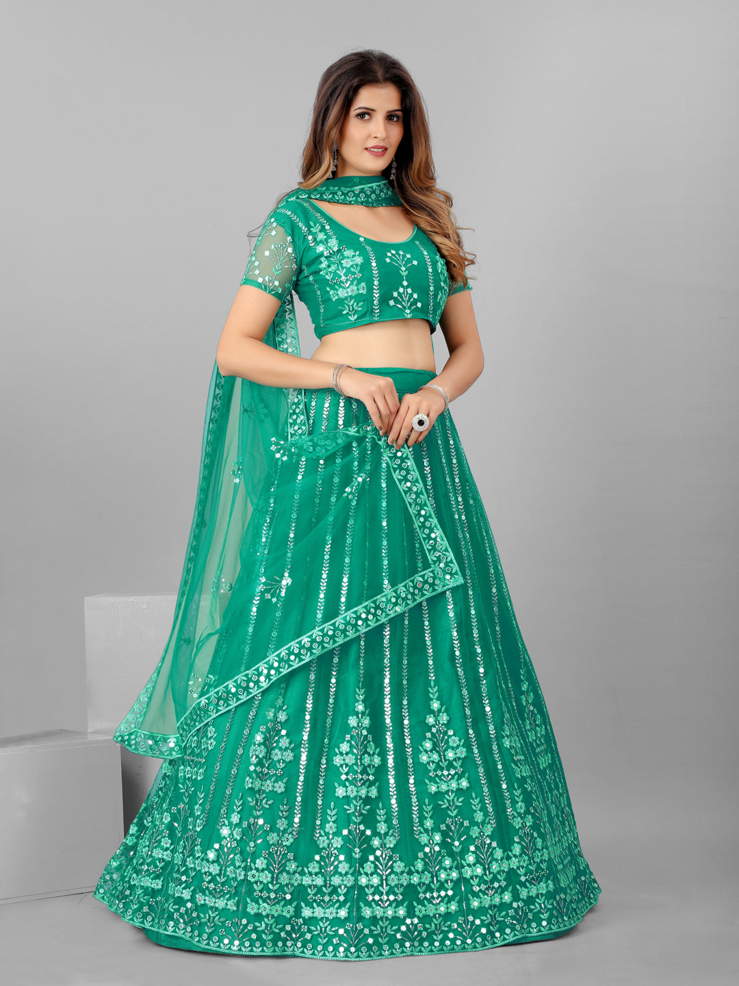 Sea Green and Steel Sequins Wedding Wear Lehenga and Blouse With Dupatta