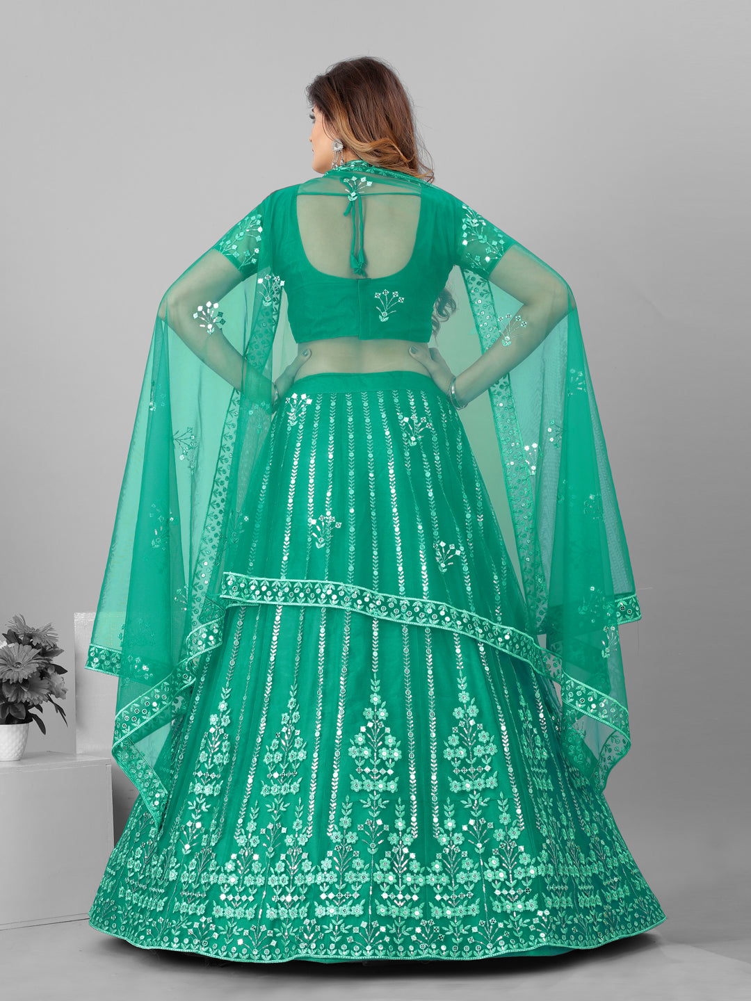 Sea Green and Steel Sequins Wedding Wear Lehenga and Blouse With Dupatta