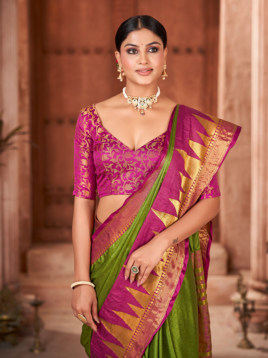 Olive Green & Pink Zari Woven Banarasi Silk Saree With Rich Pallu