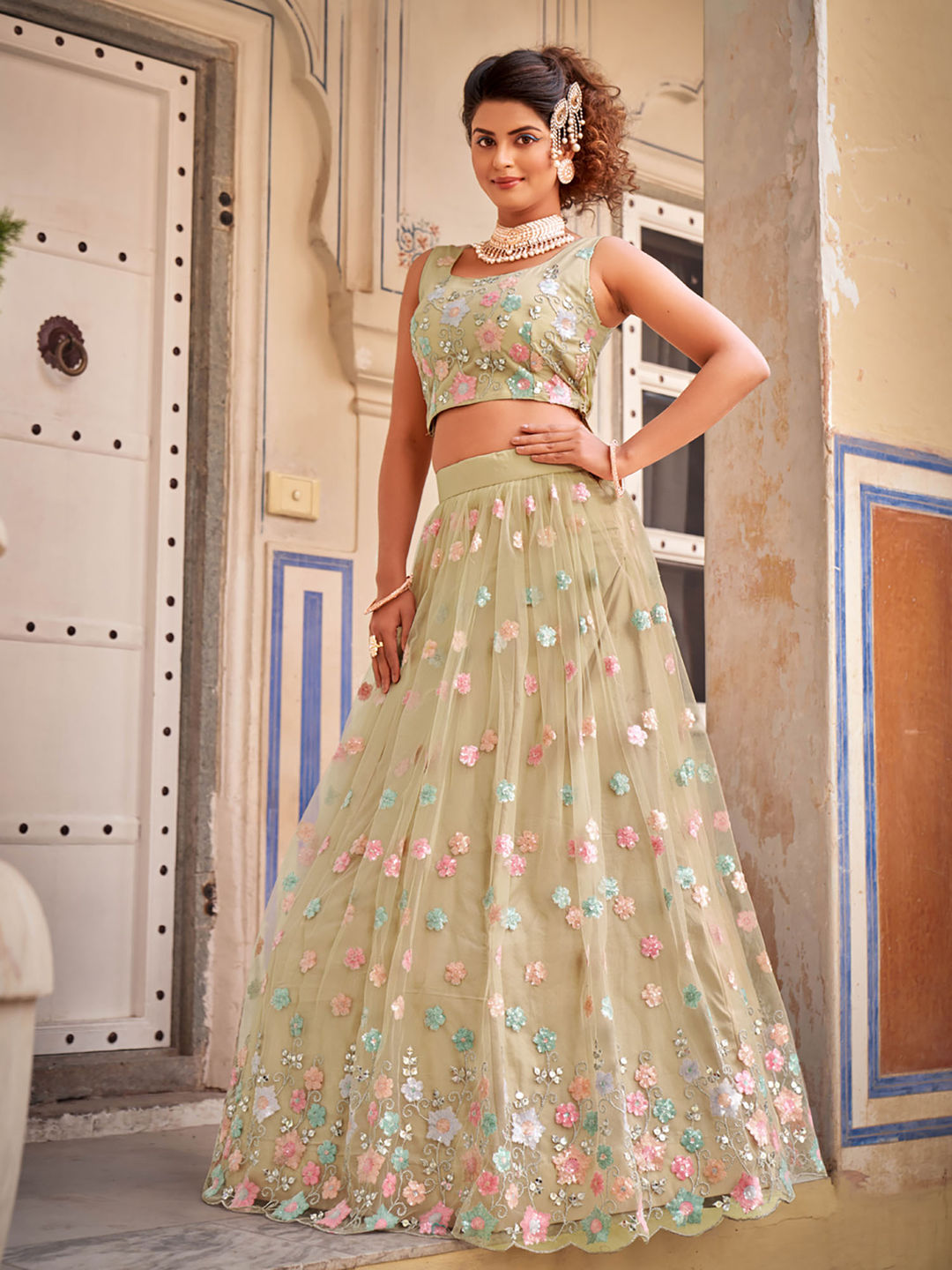 Beige Designer Georgette Embroidered Lehenga Choli