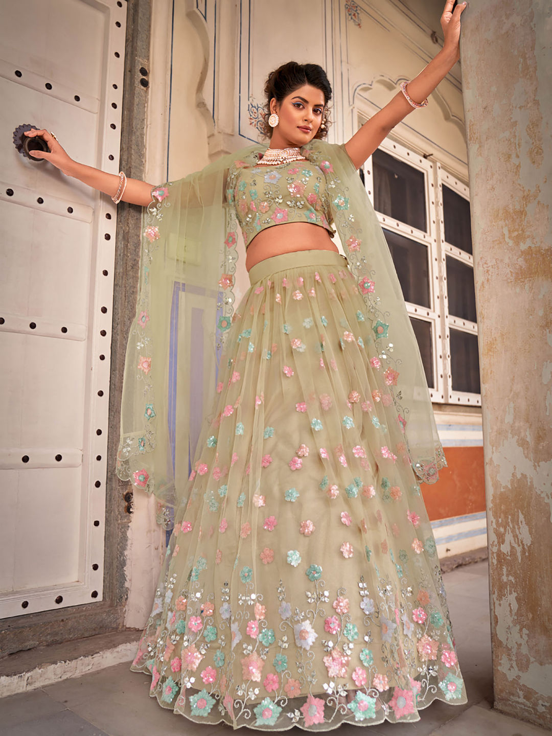 Beige Designer Georgette Embroidered Lehenga Choli