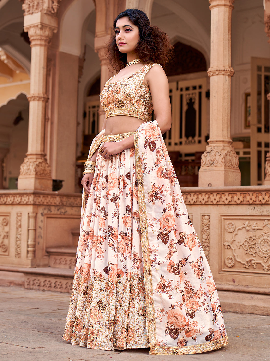 White Floral Printed Organza Lehenga Choli