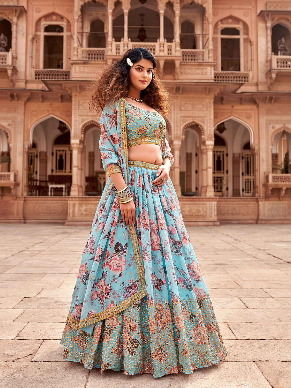 Sky Blue Floral Printed Organza Lehenga Choli