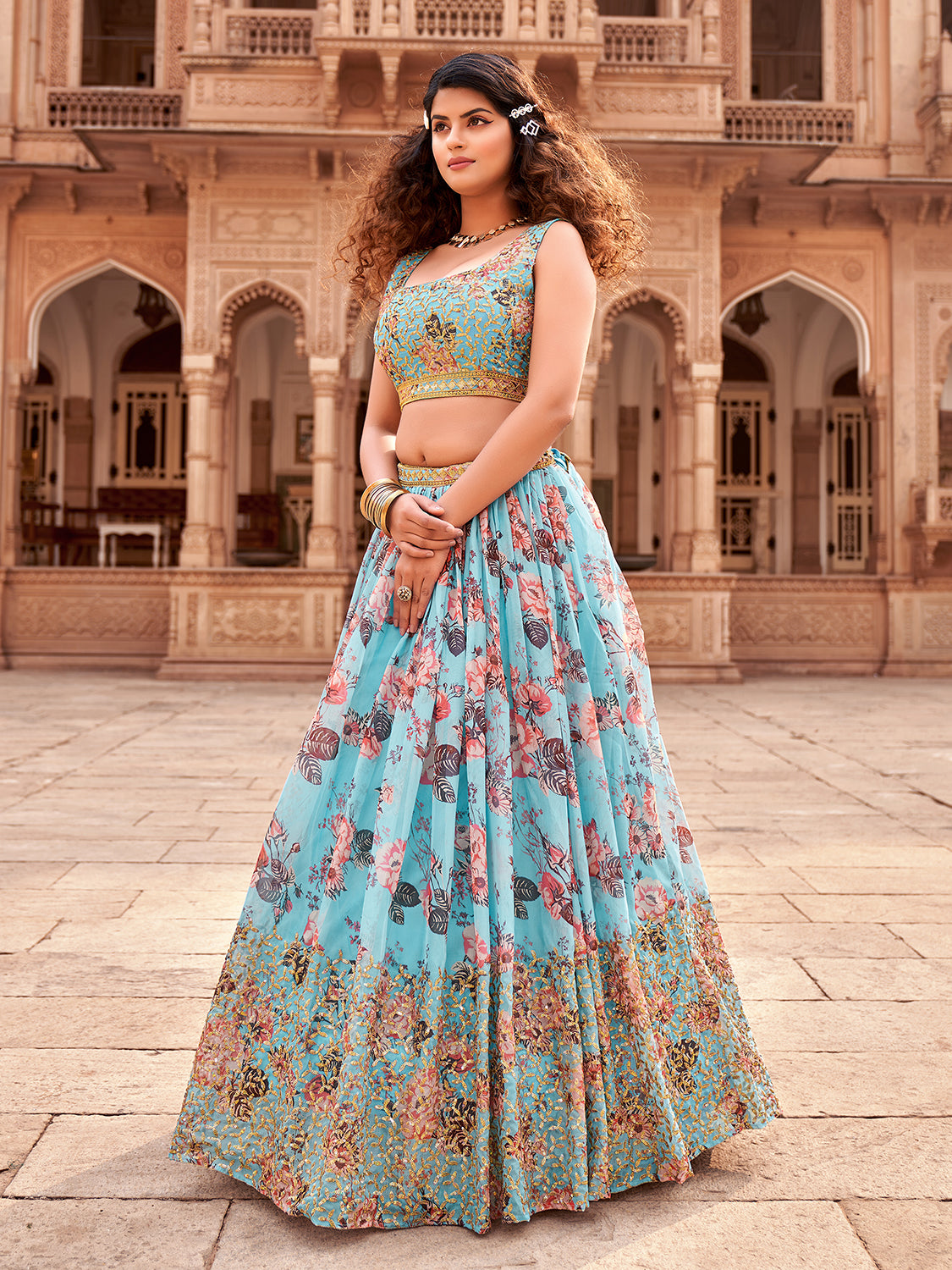 Sky Blue Floral Printed Organza Lehenga Choli