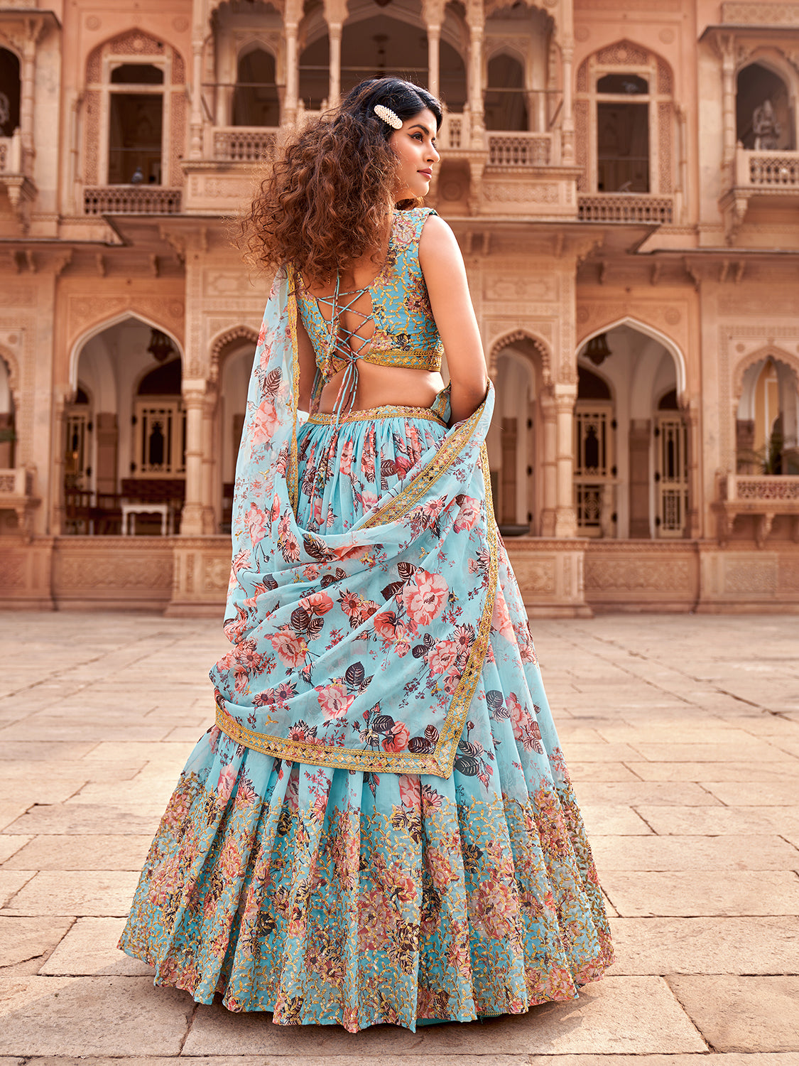 Sky Blue Floral Printed Organza Lehenga Choli