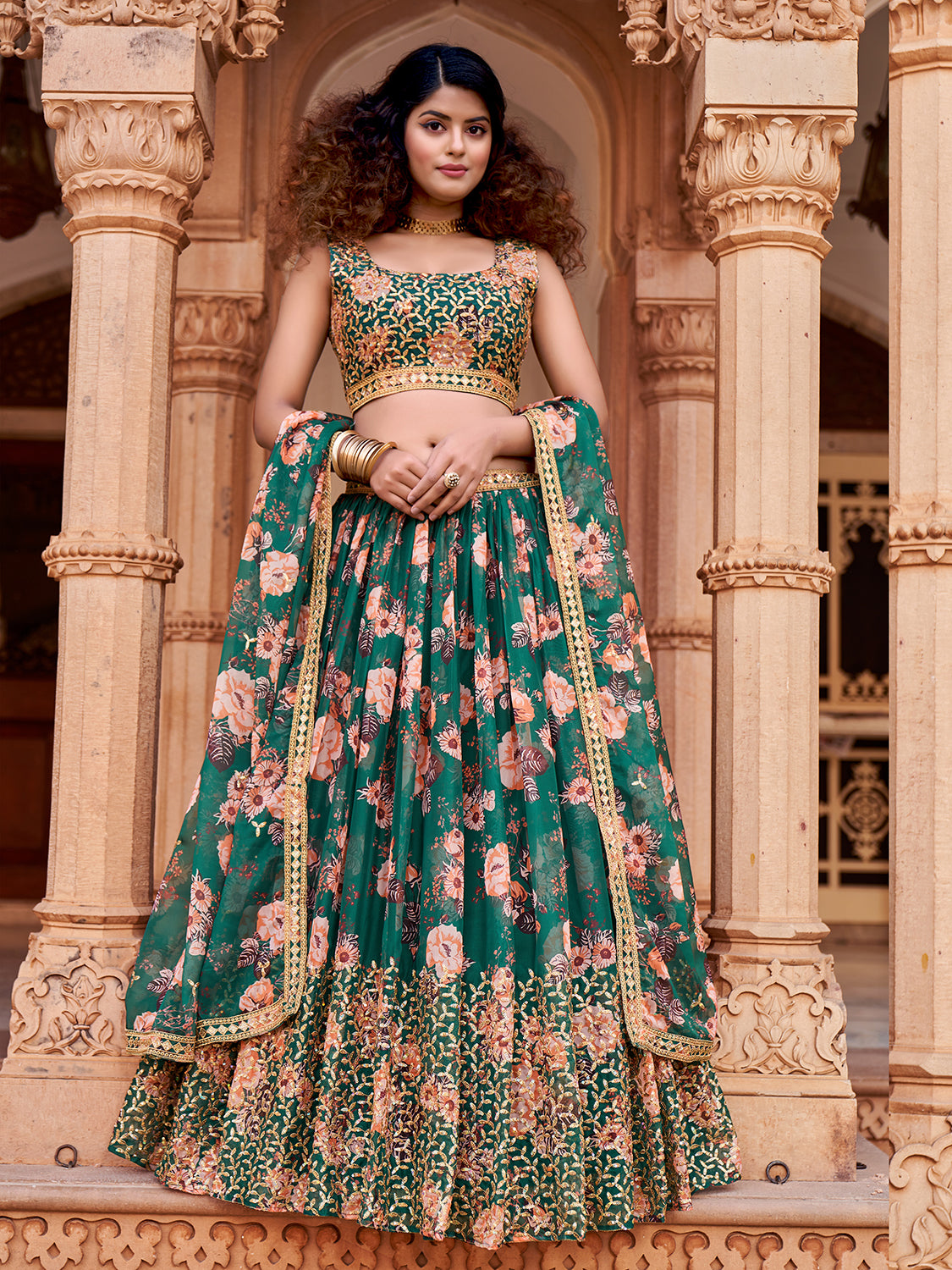 Green Floral Printed Sequins Organza Lehenga Choli