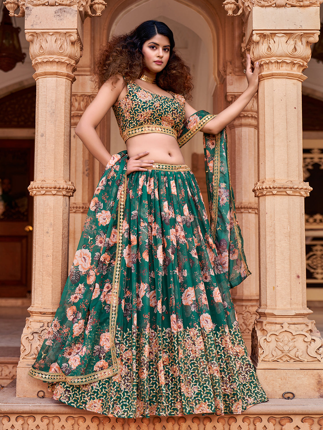 Green Floral Printed Sequins Organza Lehenga Choli