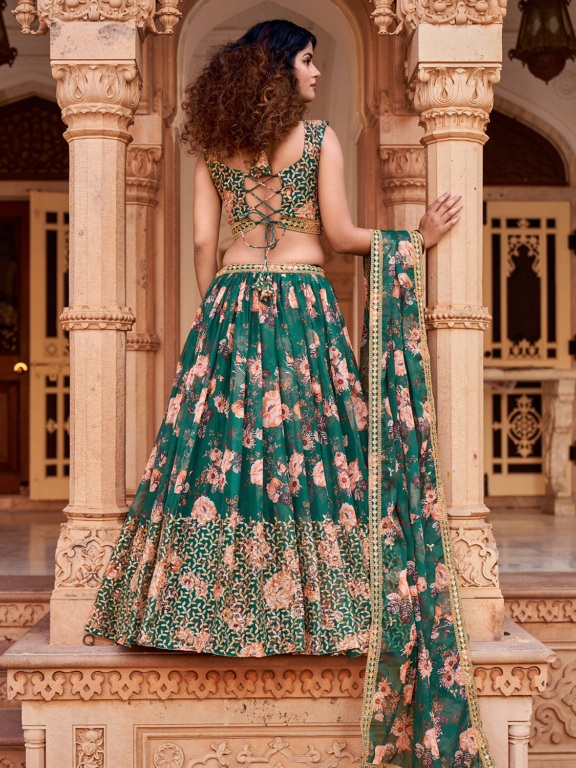 Green Floral Printed Sequins Organza Lehenga Choli