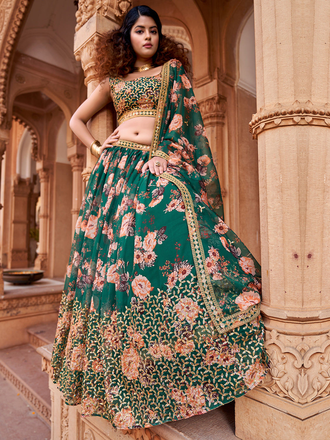 Green Floral Printed Sequins Organza Lehenga Choli