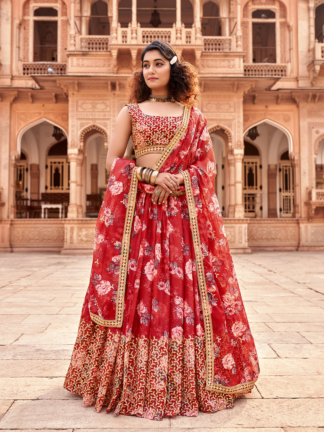 Red Floral Printed Organza Lehenga Choli