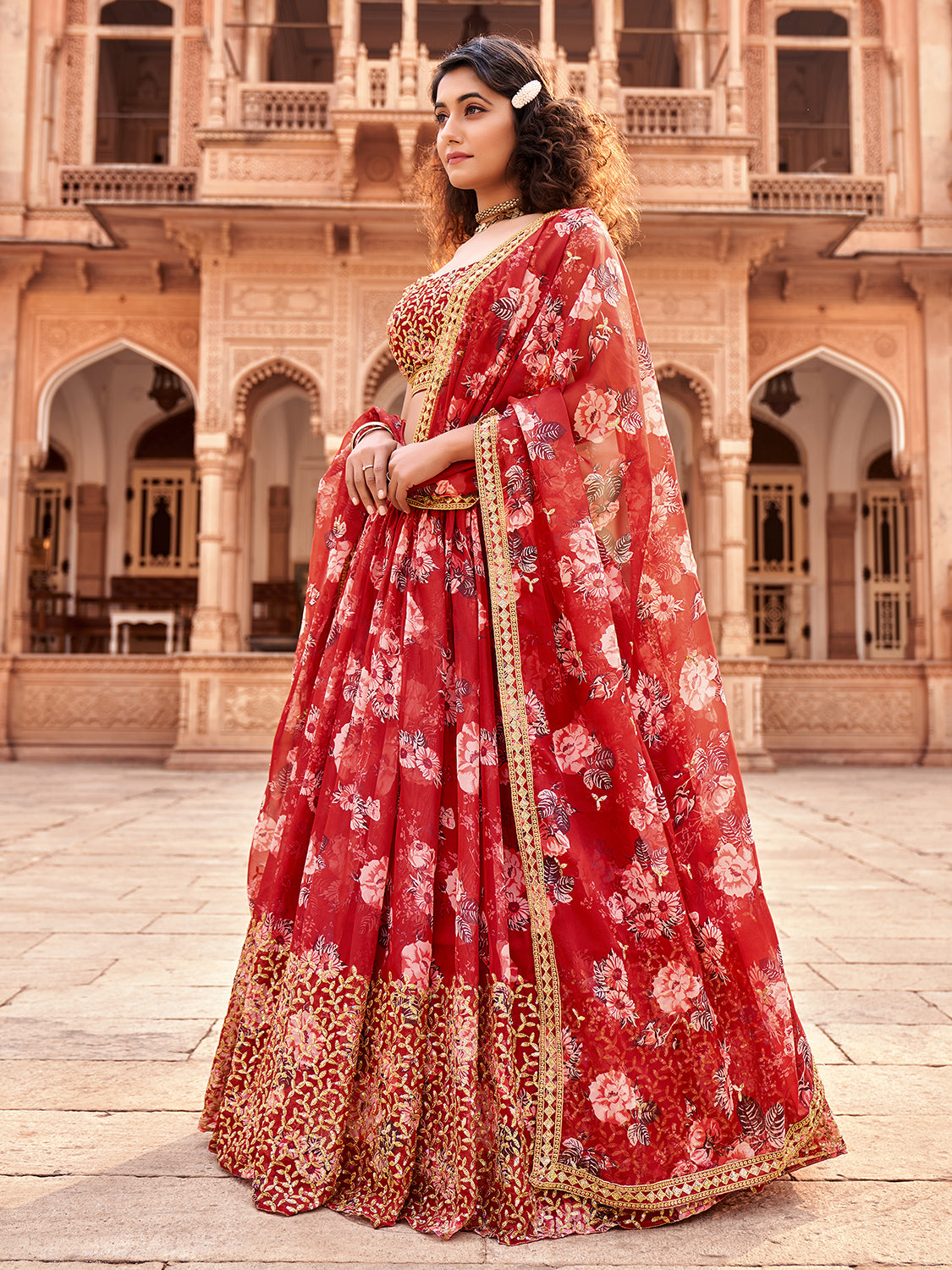 Red Floral Printed Organza Lehenga Choli