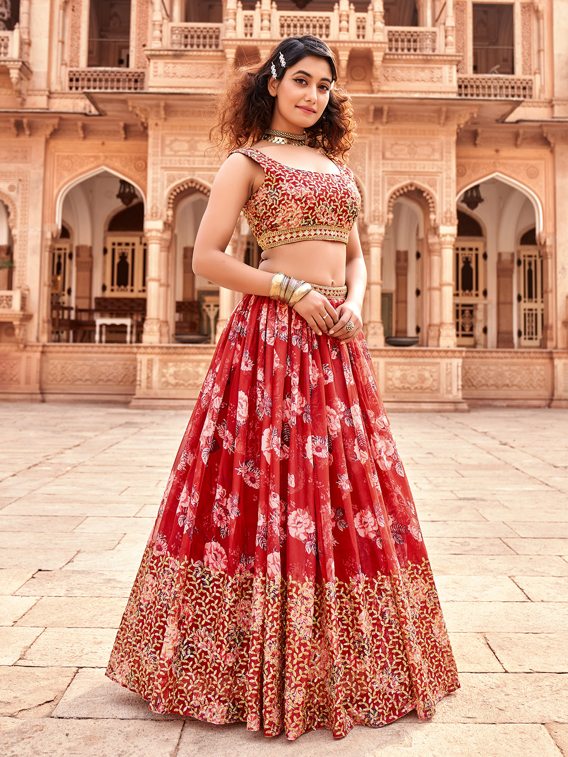 Red Floral Printed Organza Lehenga Choli