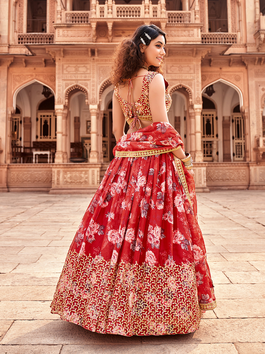 Red Floral Printed Organza Lehenga Choli