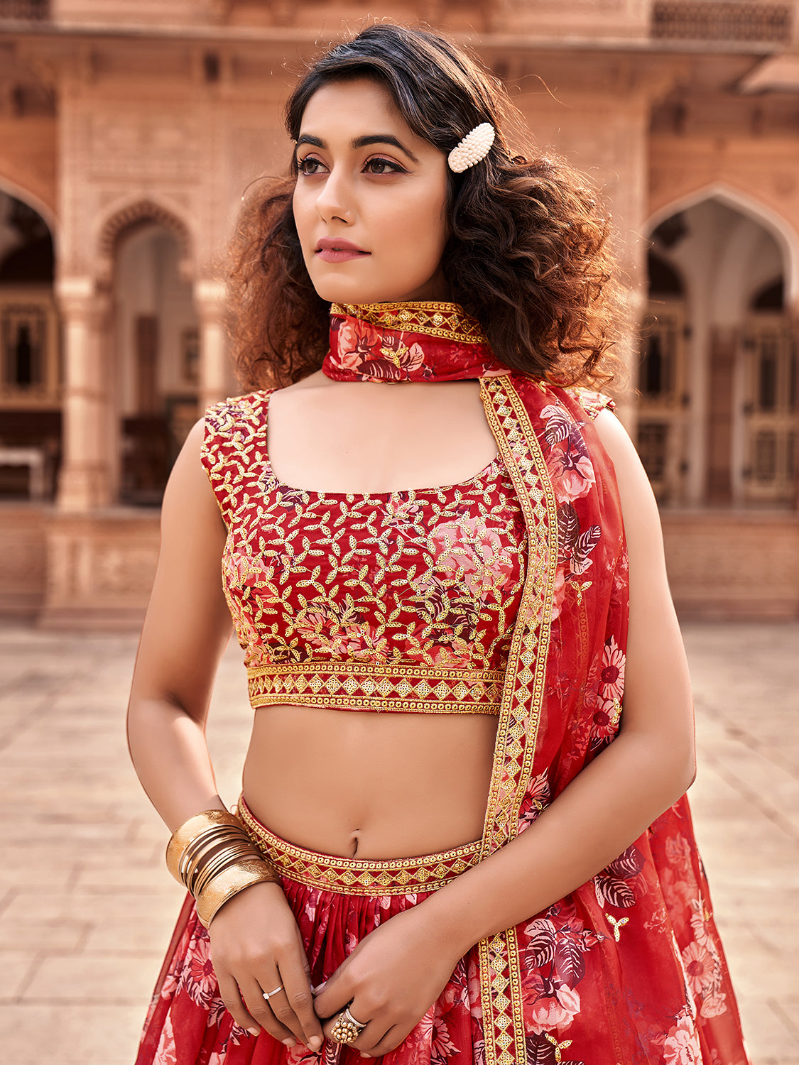 Red Floral Printed Organza Lehenga Choli