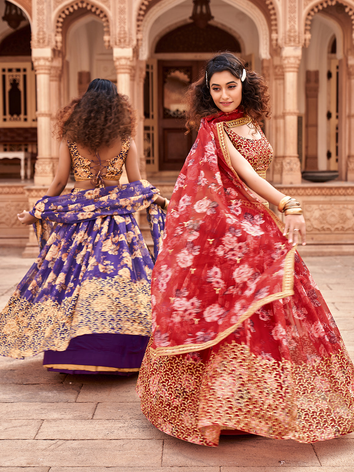 Red Floral Printed Organza Lehenga Choli