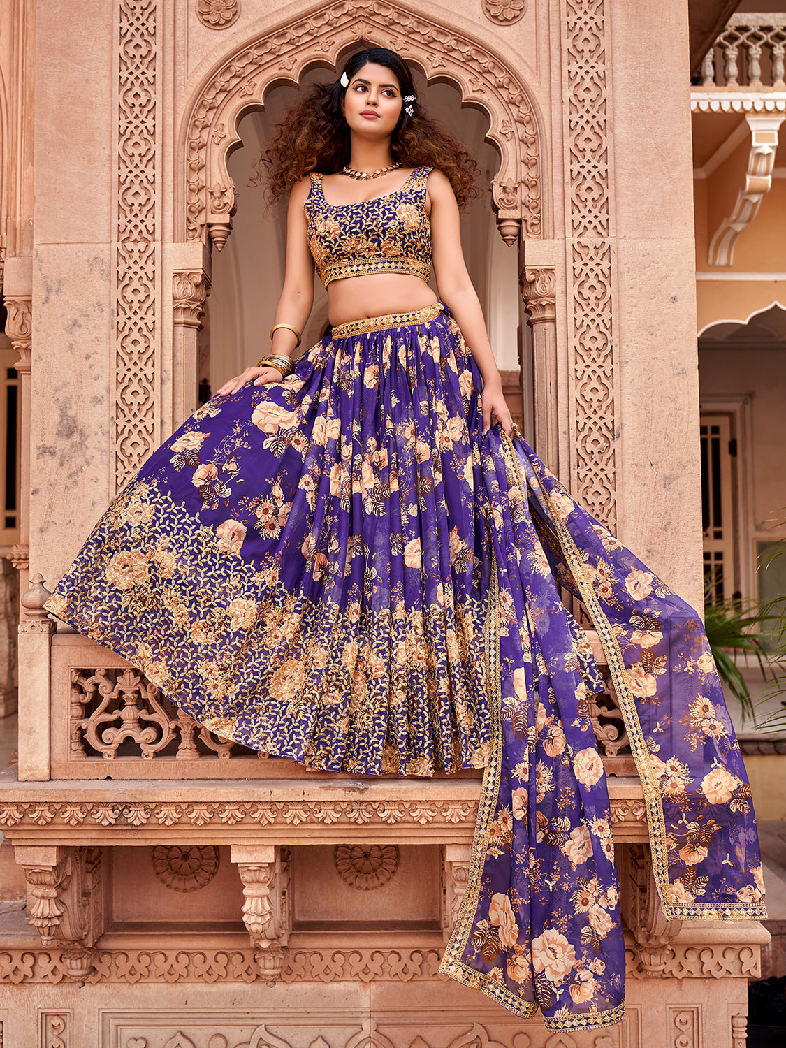 Purple Floral Printed Organza Lehenga Choli