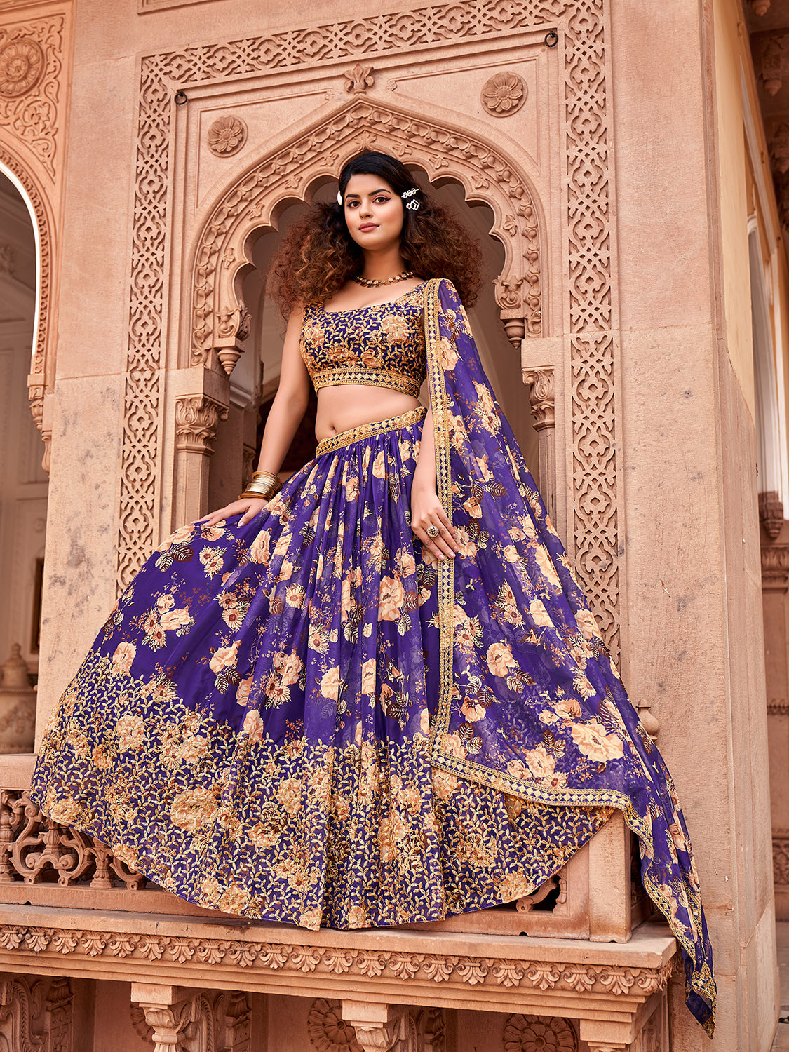 Purple Floral Printed Organza Lehenga Choli