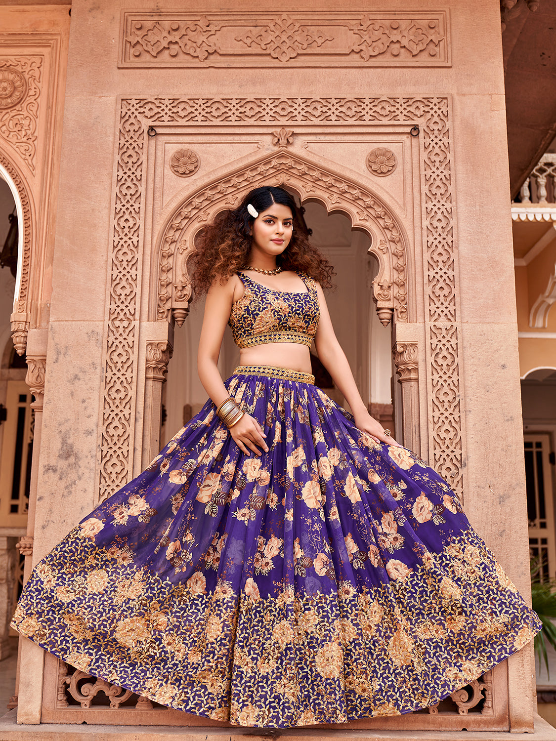 Purple Floral Printed Organza Lehenga Choli