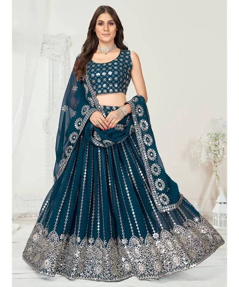 Rama Blue Georgette Sequins Embroidered Lehenga Choli