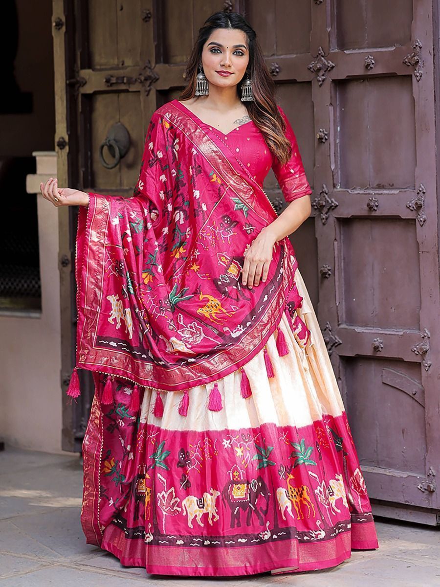 Navratri Wear White & Pink Patola Silk Digital Printed Lehenga Choli