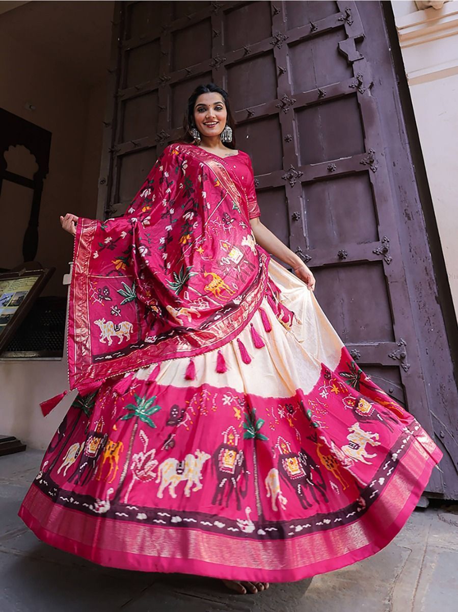 Navratri Wear White & Pink Patola Silk Digital Printed Lehenga Choli