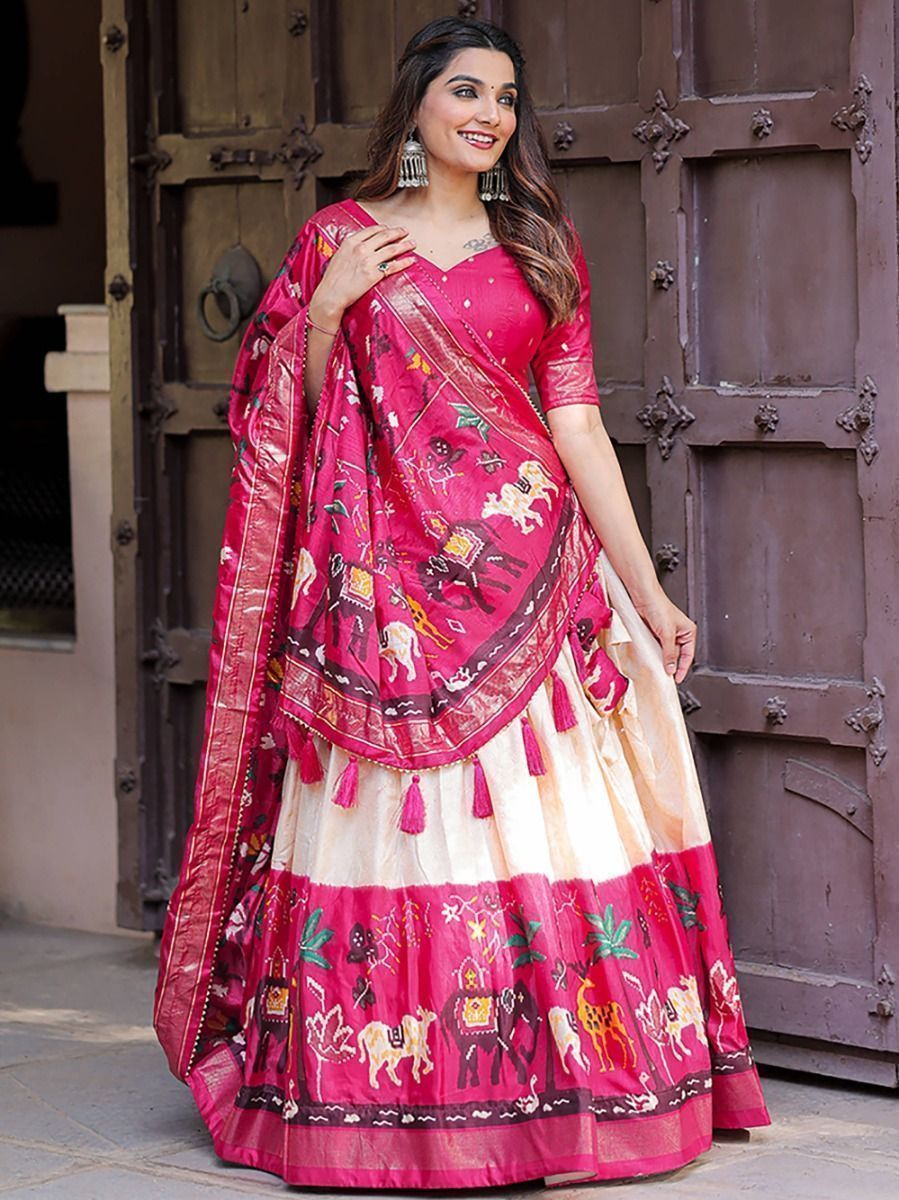 Navratri Wear White & Pink Patola Silk Digital Printed Lehenga Choli