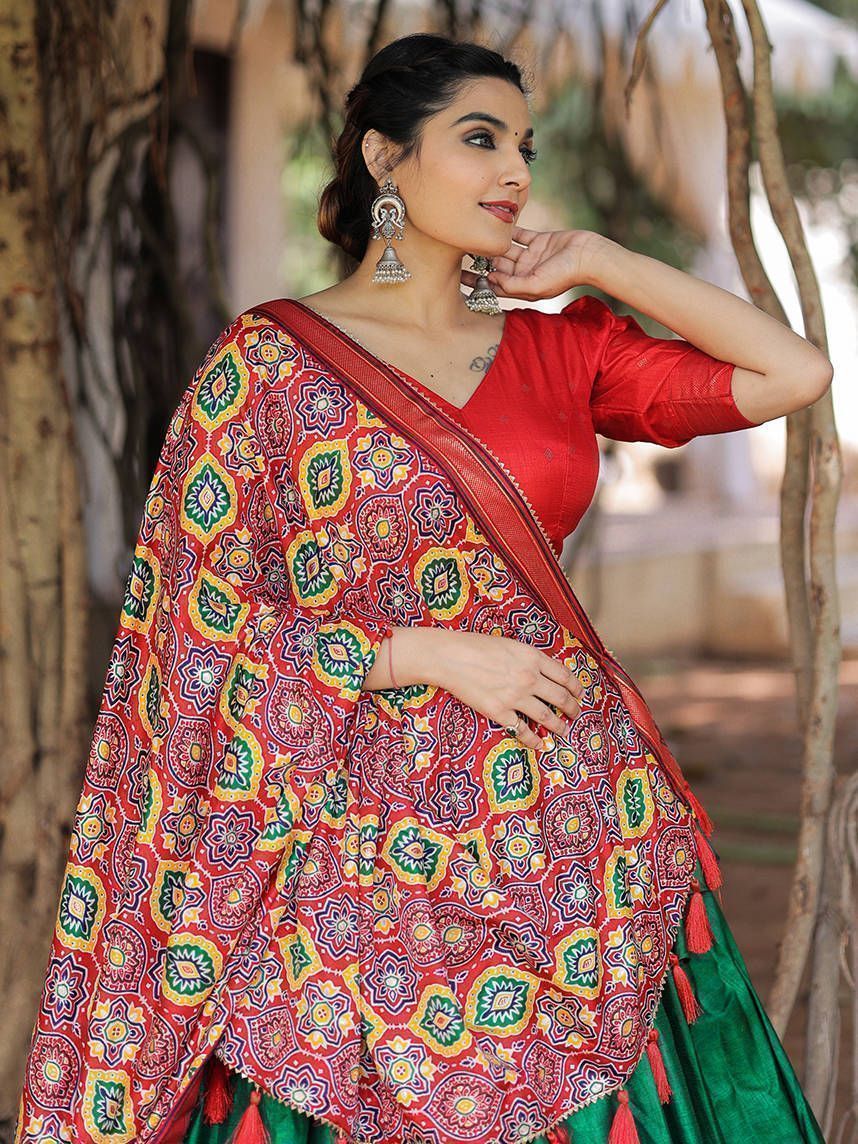 Navratri Wear Green Patola Silk Digital Printed Lehenga Choli