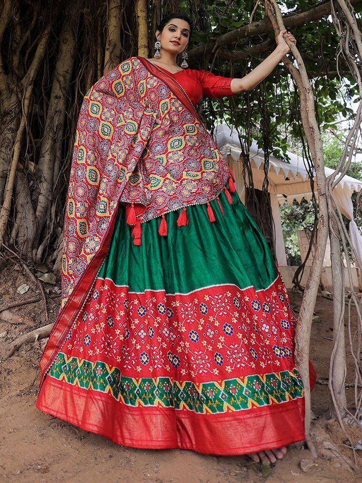 Navratri Wear Green Patola Silk Digital Printed Lehenga Choli