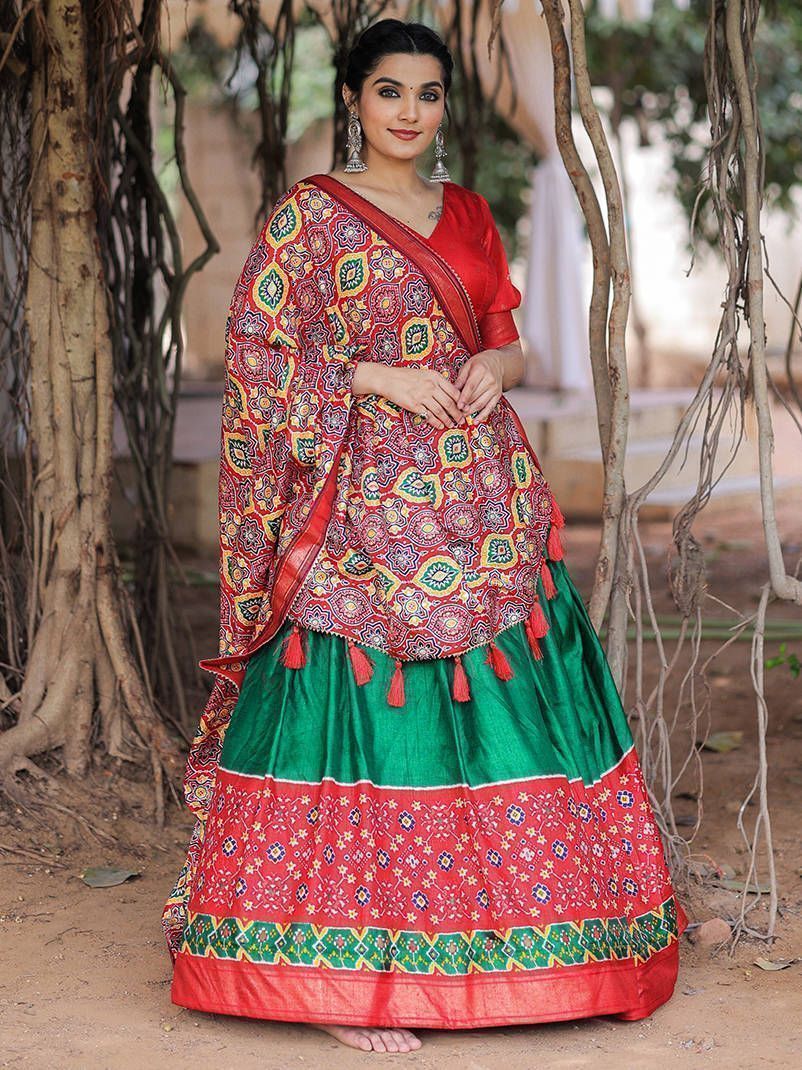 Navratri Wear Green Patola Silk Digital Printed Lehenga Choli